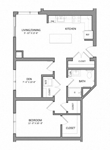 Floor plan for 1 bed, 1 bath, 755 sqft